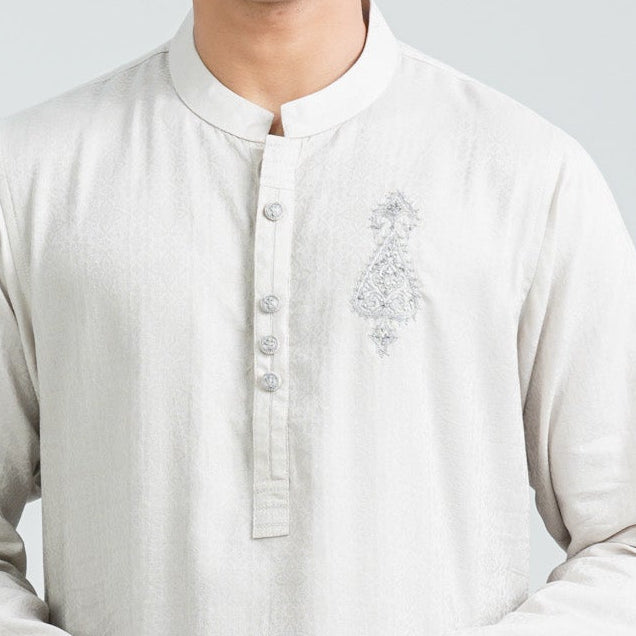 Men’s Light Grey Jacquard Panjabi - 2