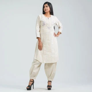 Women’s Cream Cotton Embroidered Two Piece Set