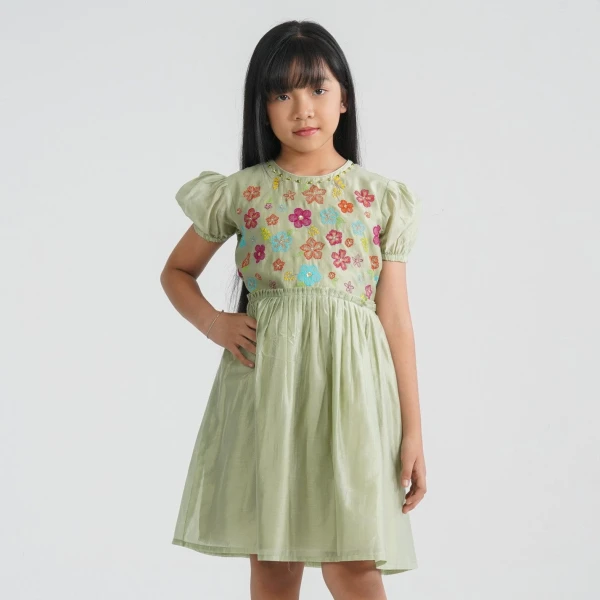 Girls Olive Shine Cotton Frock