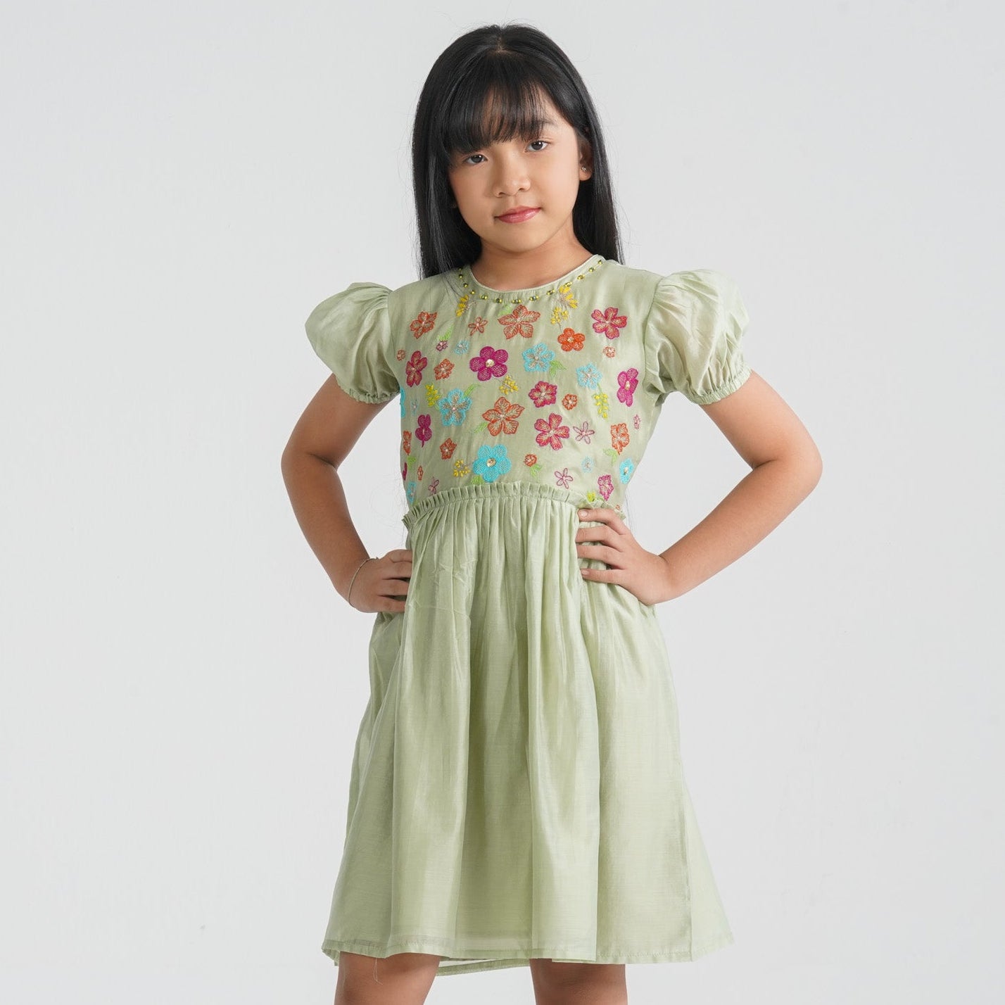 Girls Olive Shine Cotton Frock - 4