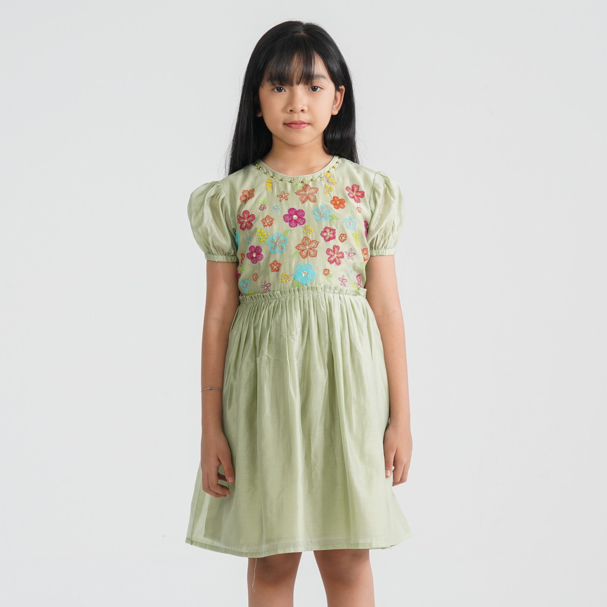 Girls Olive Shine Cotton Frock - 5