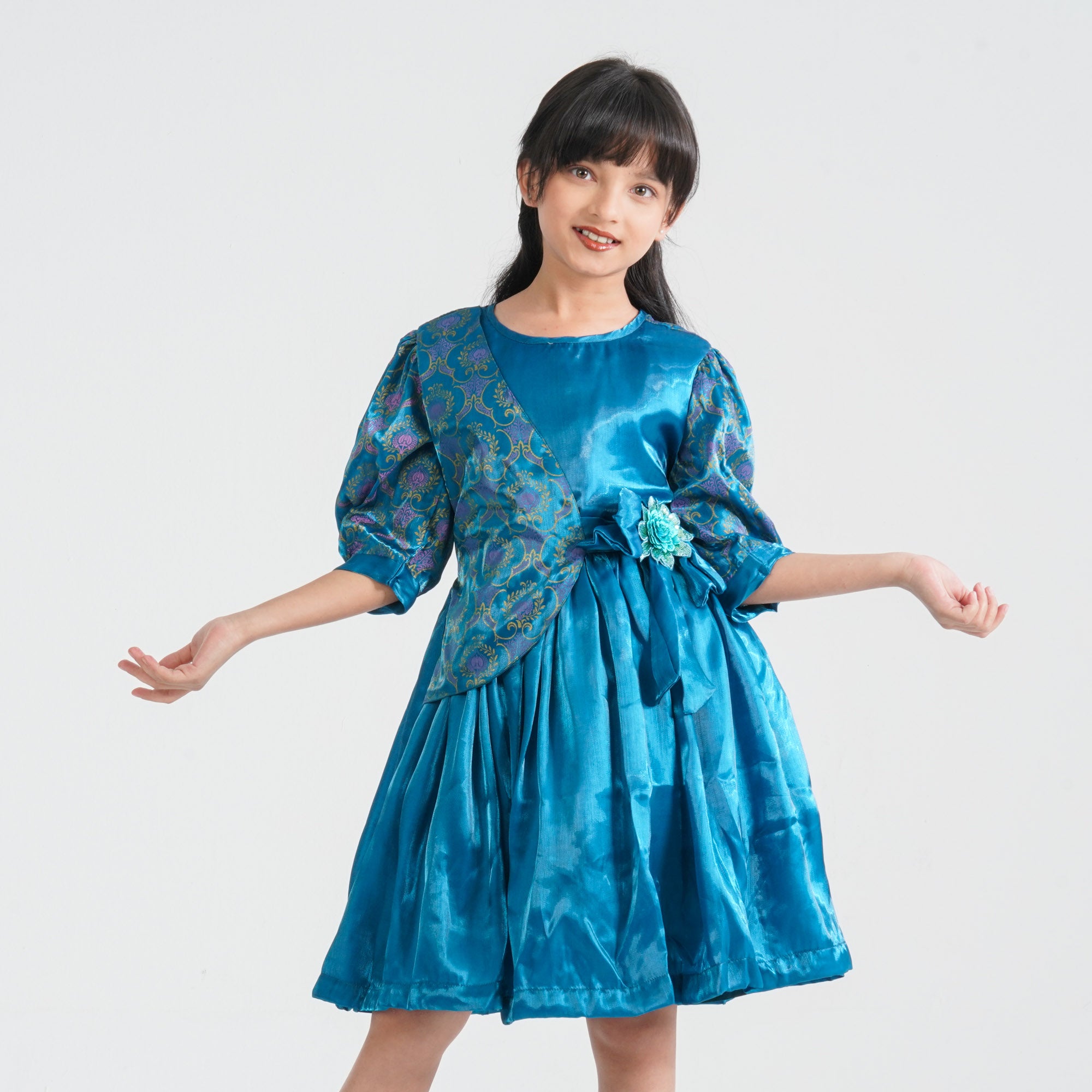 Girl's Teal Flared Midi Frock - 5
