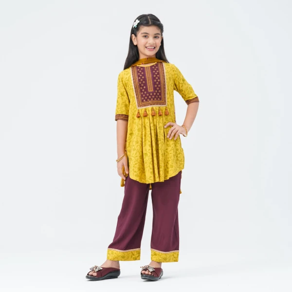 Girl's Mustard & Maroon Floral Three Piece Set