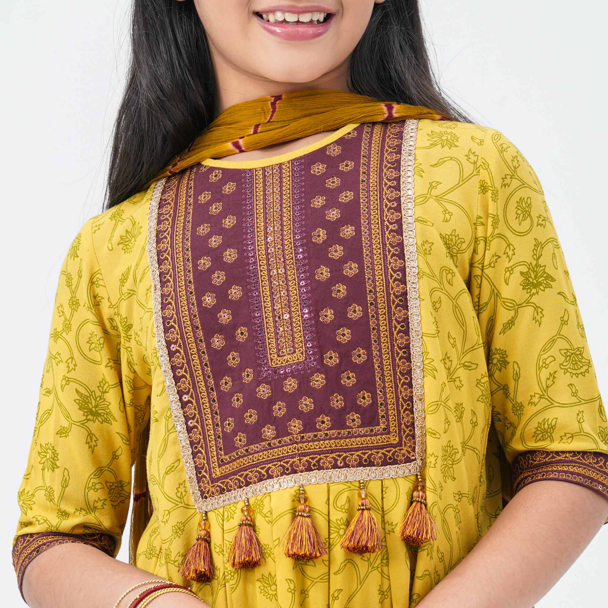 Girl's Mustard & Maroon Floral Three Piece Set - 2