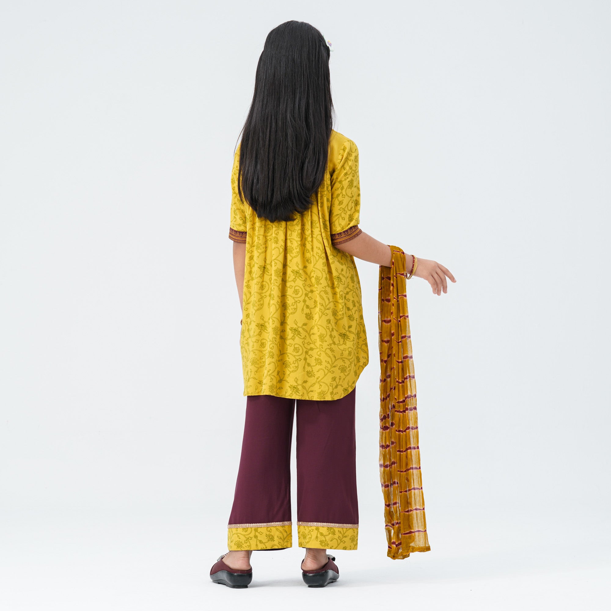 Girl's Mustard & Maroon Floral Three Piece Set - 4