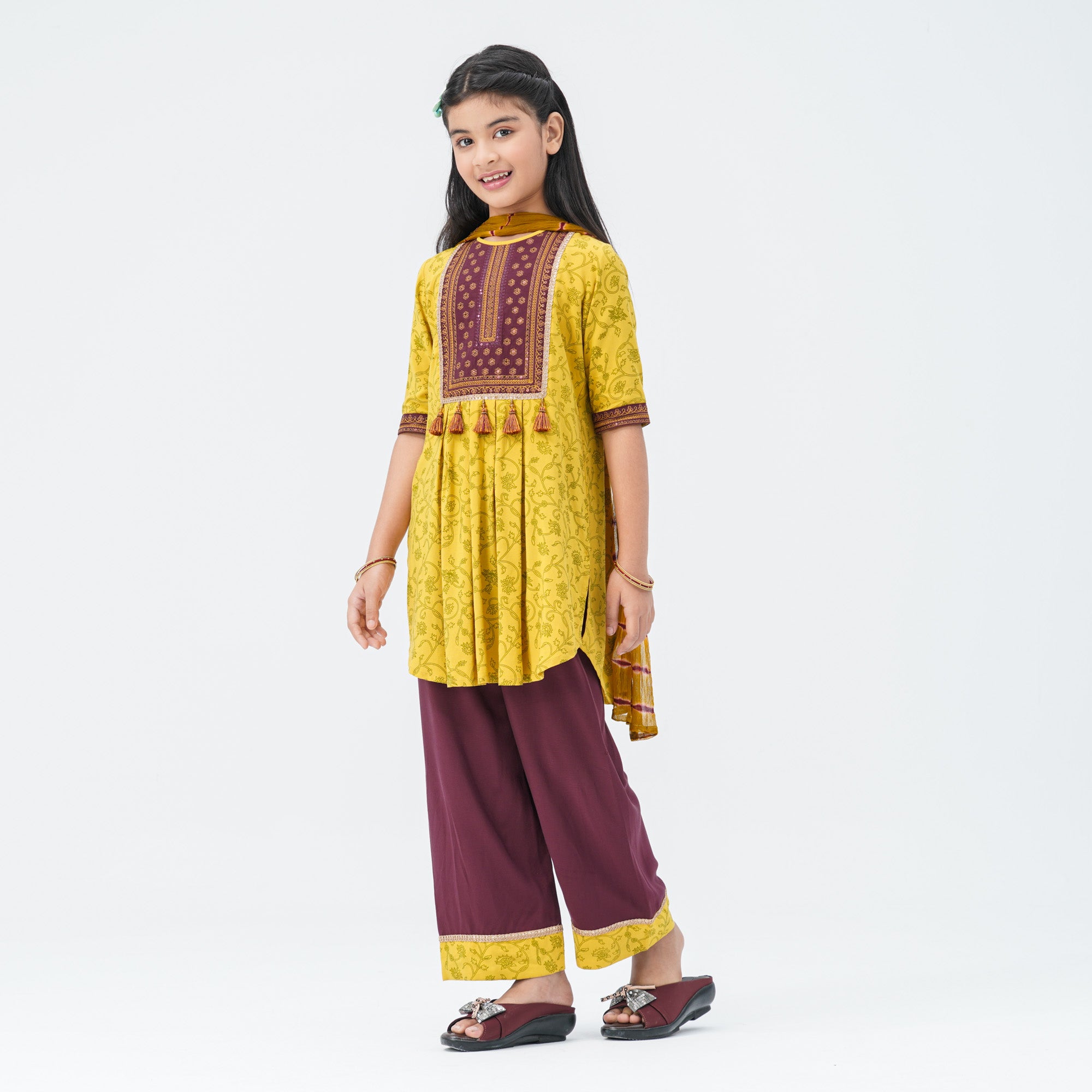Girl's Mustard & Maroon Floral Three Piece Set - 5
