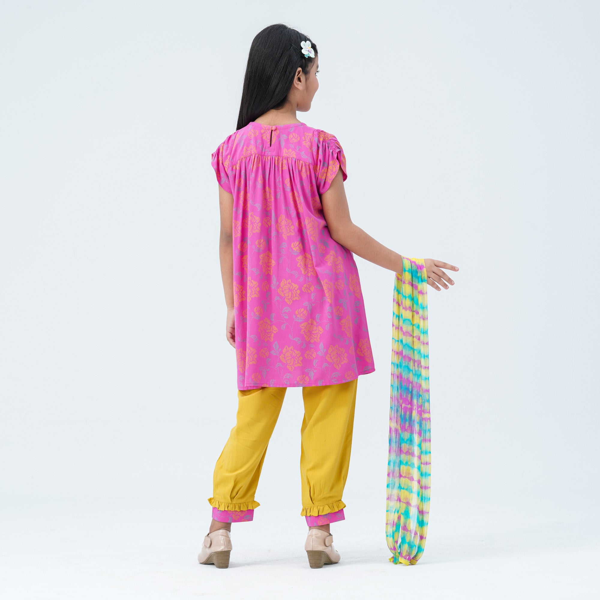 Girls' Pink & Yellow Embroidered Two Piece Set - 3