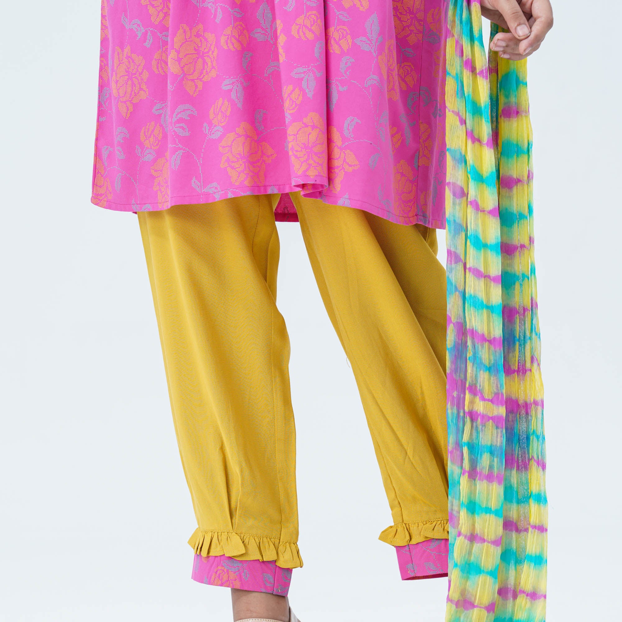 Girls' Pink & Yellow Embroidered Two Piece Set - 4