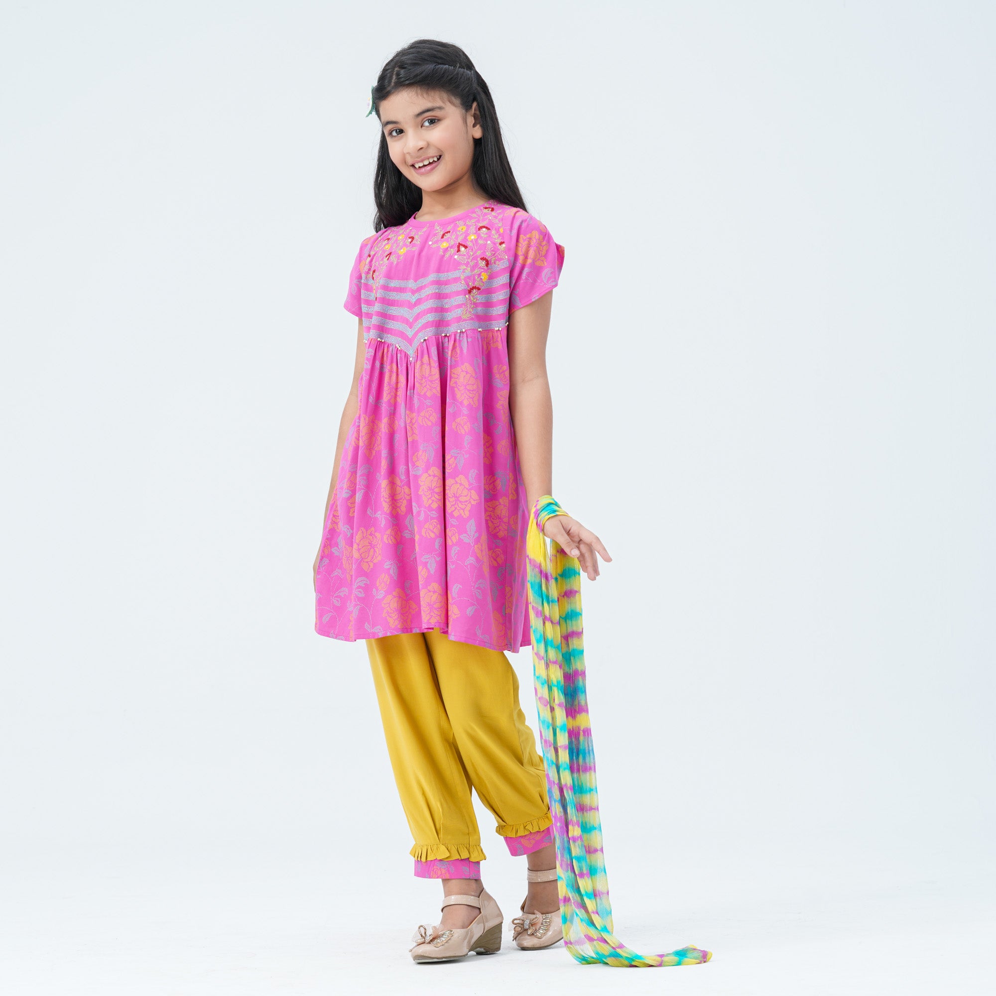 Girls' Pink & Yellow Embroidered Two Piece Set - 5