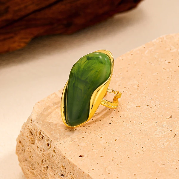 Elegant Adjustable Stainless Steel Natural Stone Oval Gemstone Ring
