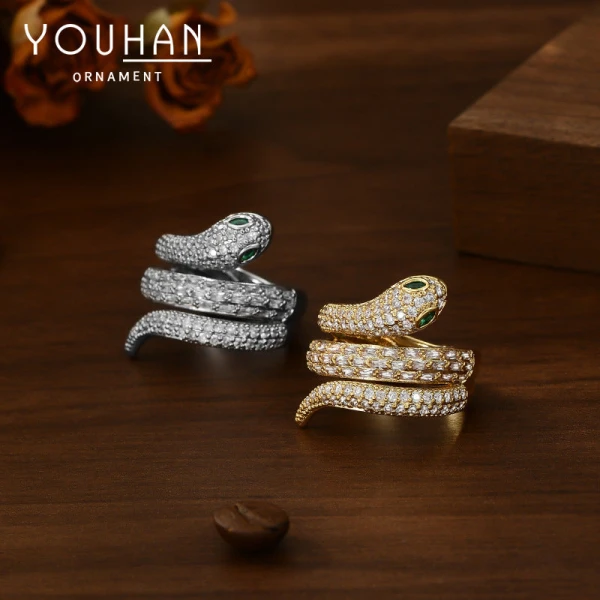 Gold Plated Zirconium Geometric Adjustable Snake Ring for Women
