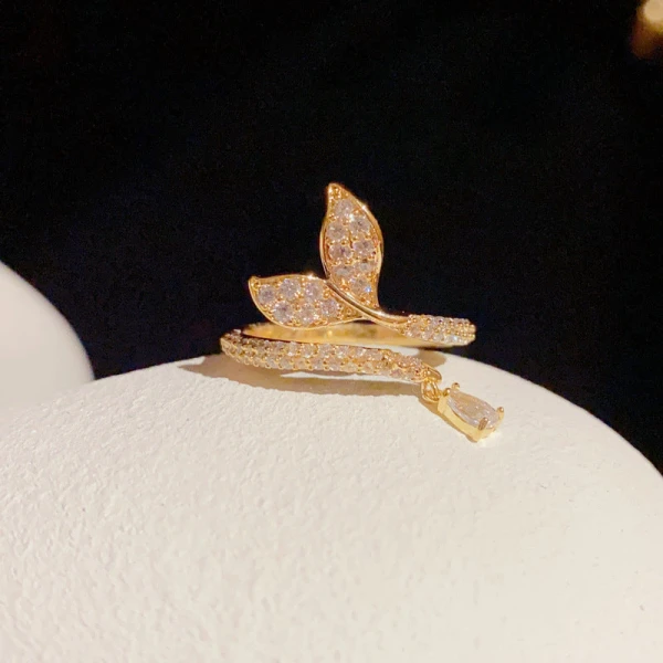 Elegant Zircon Fish Tail Open Ring for Women