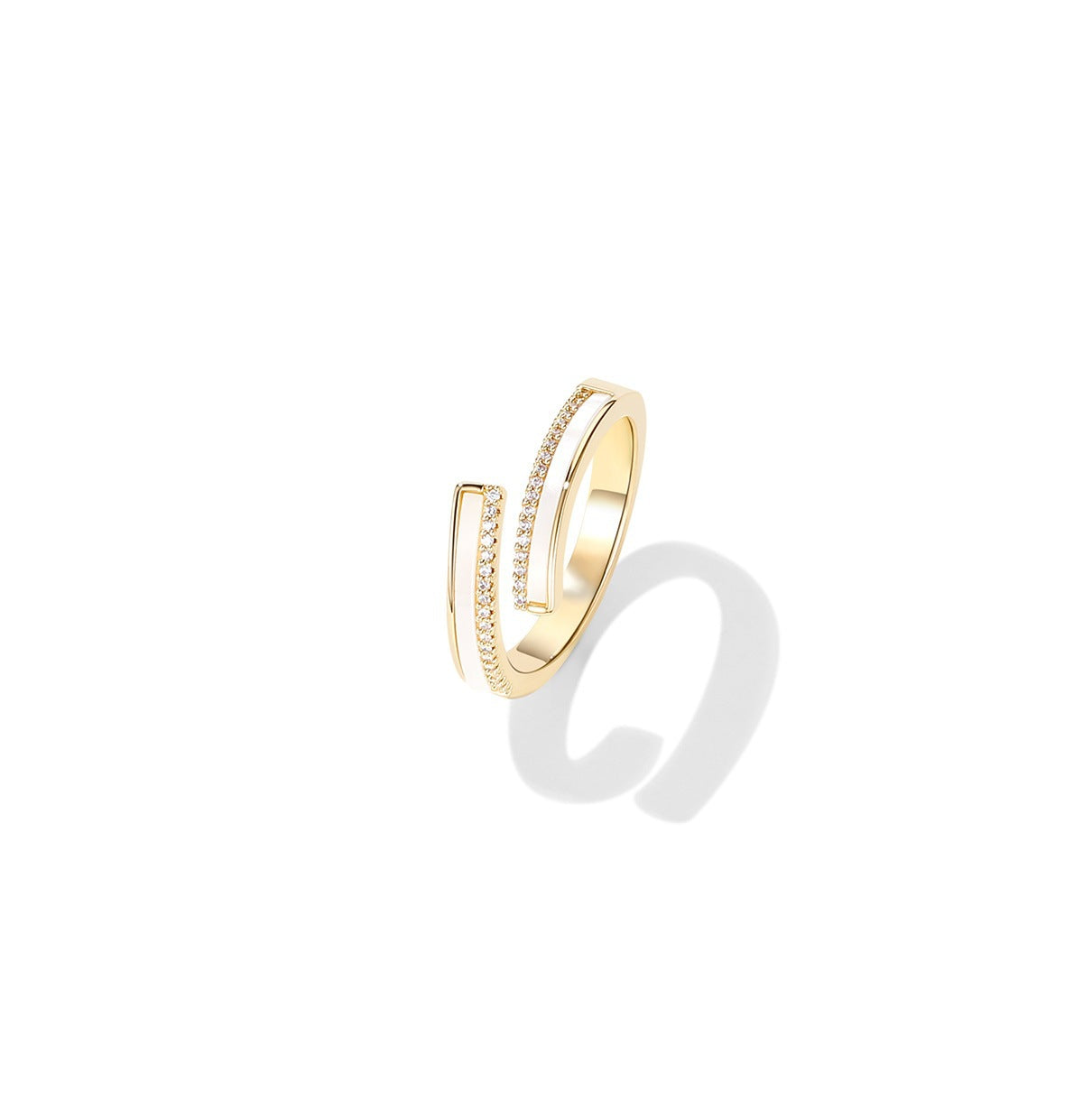 Sophisticated Geometric Shell Open Ring with Zircon Micro-Inlay Gold Detail - 2