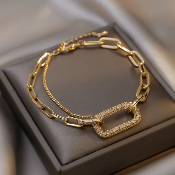 Retro Geometric Zircon Encrusted Korean Fashion Chain Bracelet - Luxe Gold