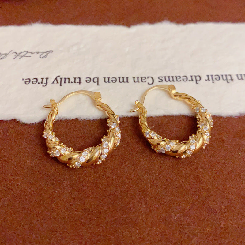 HS.DPR Elegant Gold Plated Zircon Twist Hoop Earrings Geometric Design - 2