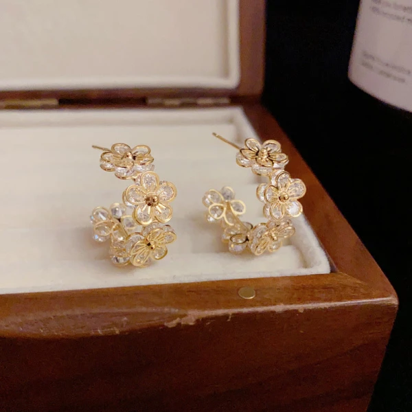 S925 Silver Needle Zircon Flower Hoop Earrings - Bloom Edition