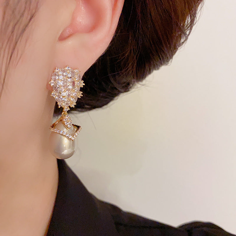 Elegant French Retro Champagne Pearl Zircon Geometric Drop Earrings Gold - 2