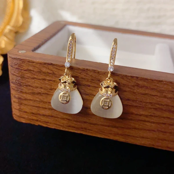 Elegant Cat's Eye Money Bag Gold Plated Ear Hook Earrings