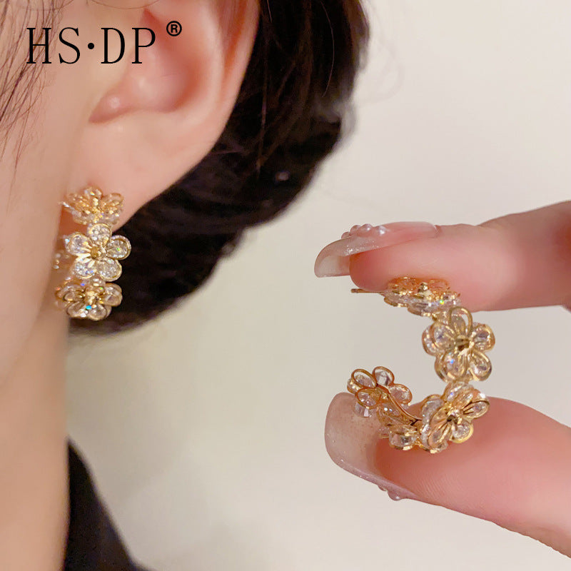 S925 Silver Needle Zircon Flower Hoop Earrings - Bloom Edition - 2