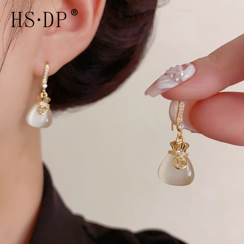 Elegant Cat's Eye Money Bag Gold Plated Ear Hook Earrings - 2